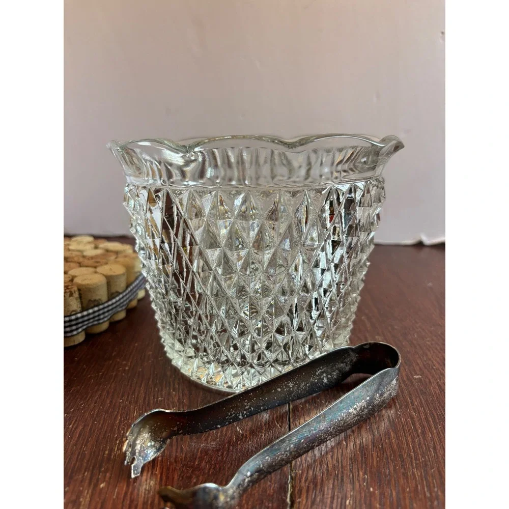 Vintage Diamond Point Pressed Glass Ice Bucket with Silver Tone Claw Tongs Set
